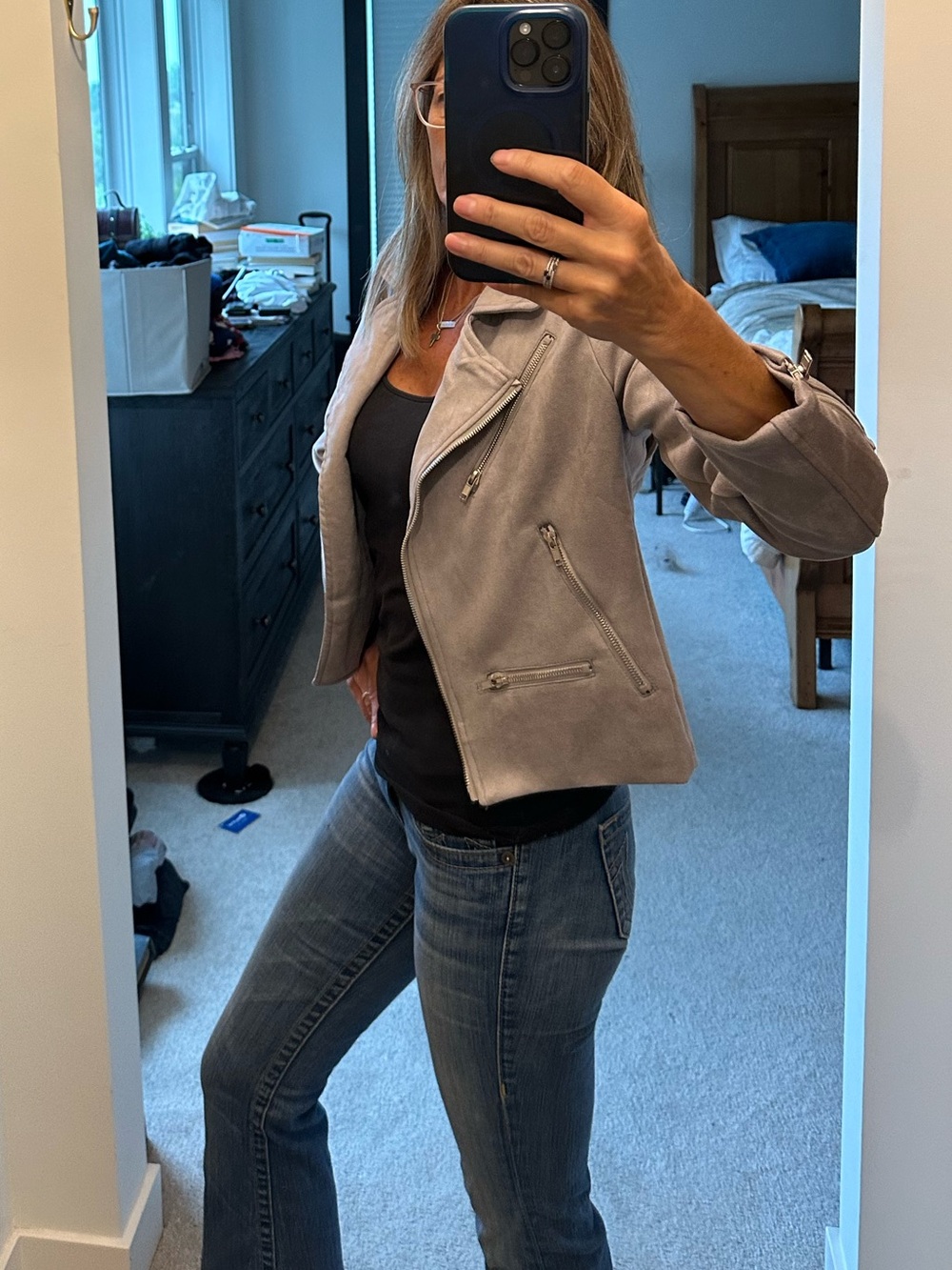 Women’s Taupe Suede Moto Jacket - Stylish Cropped